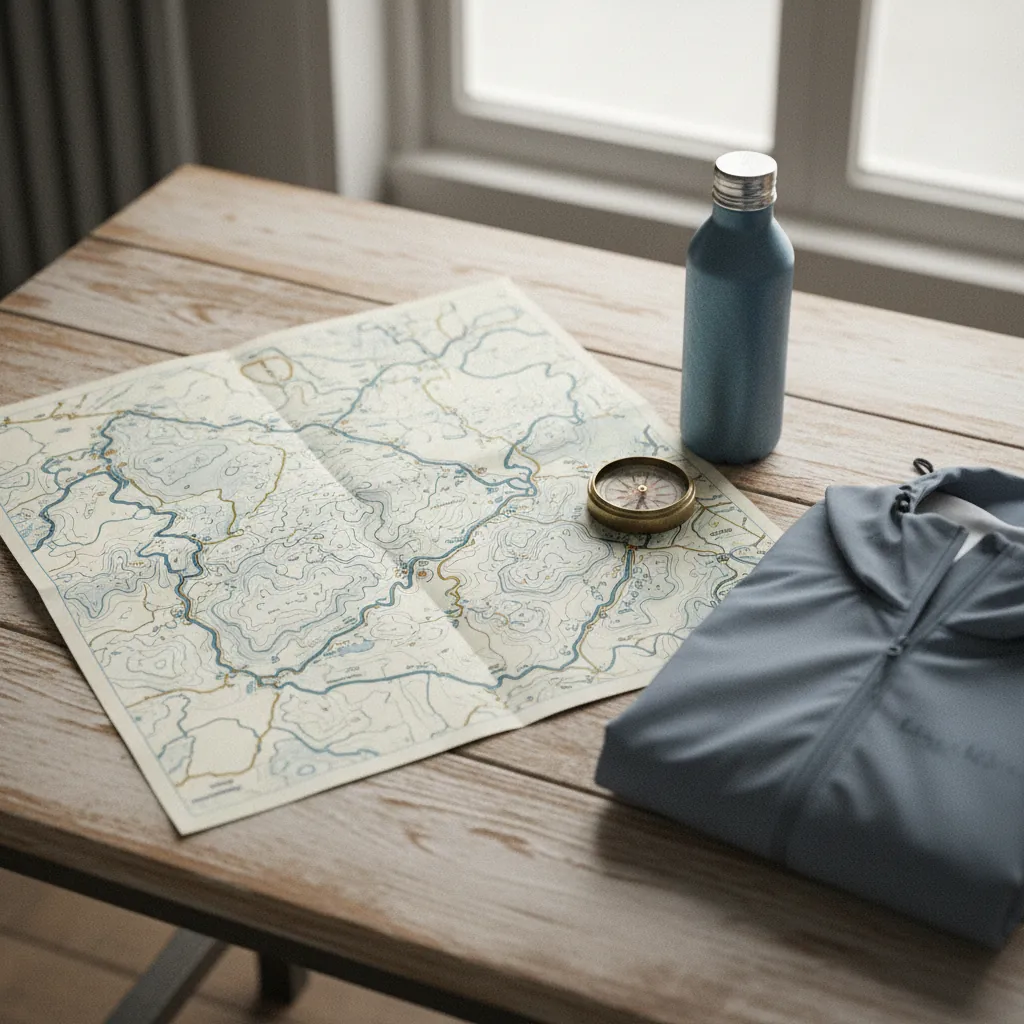Fietsroute kaart uitgespreid op een houten tafel met kompas en waterfles
